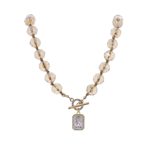 Champagne Chunky Faceted Beaded Toggle Necklace with Clear Crystal Square