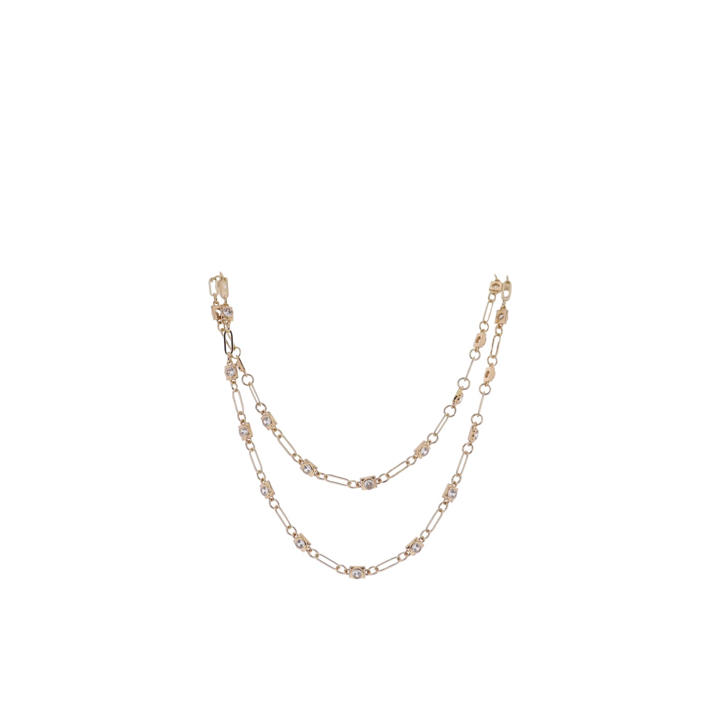 Gold Rectangle Rhinestone Link Chain Necklace, 2 Layer