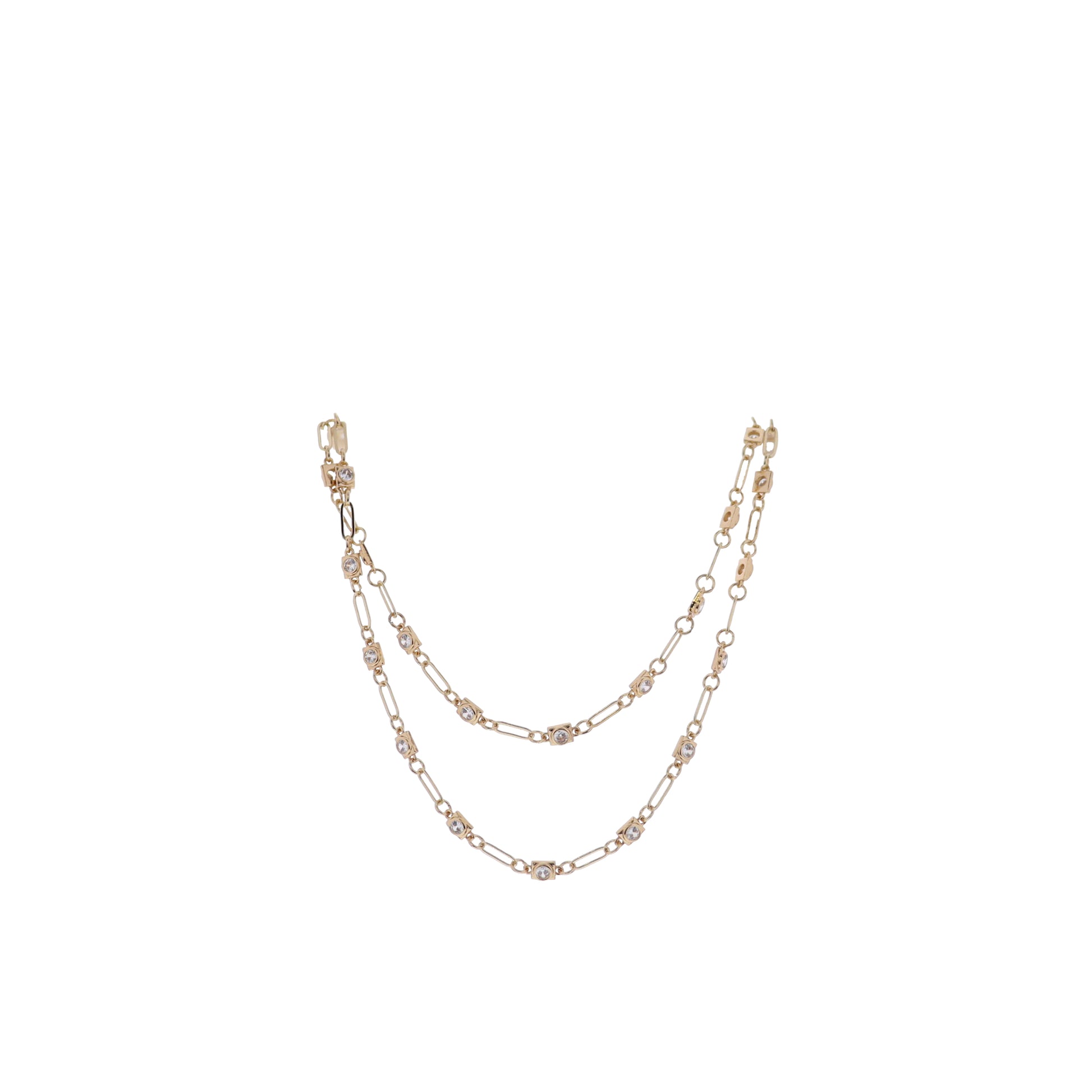 Gold Rectangle Rhinestone Link Chain Necklace, 2 Layer