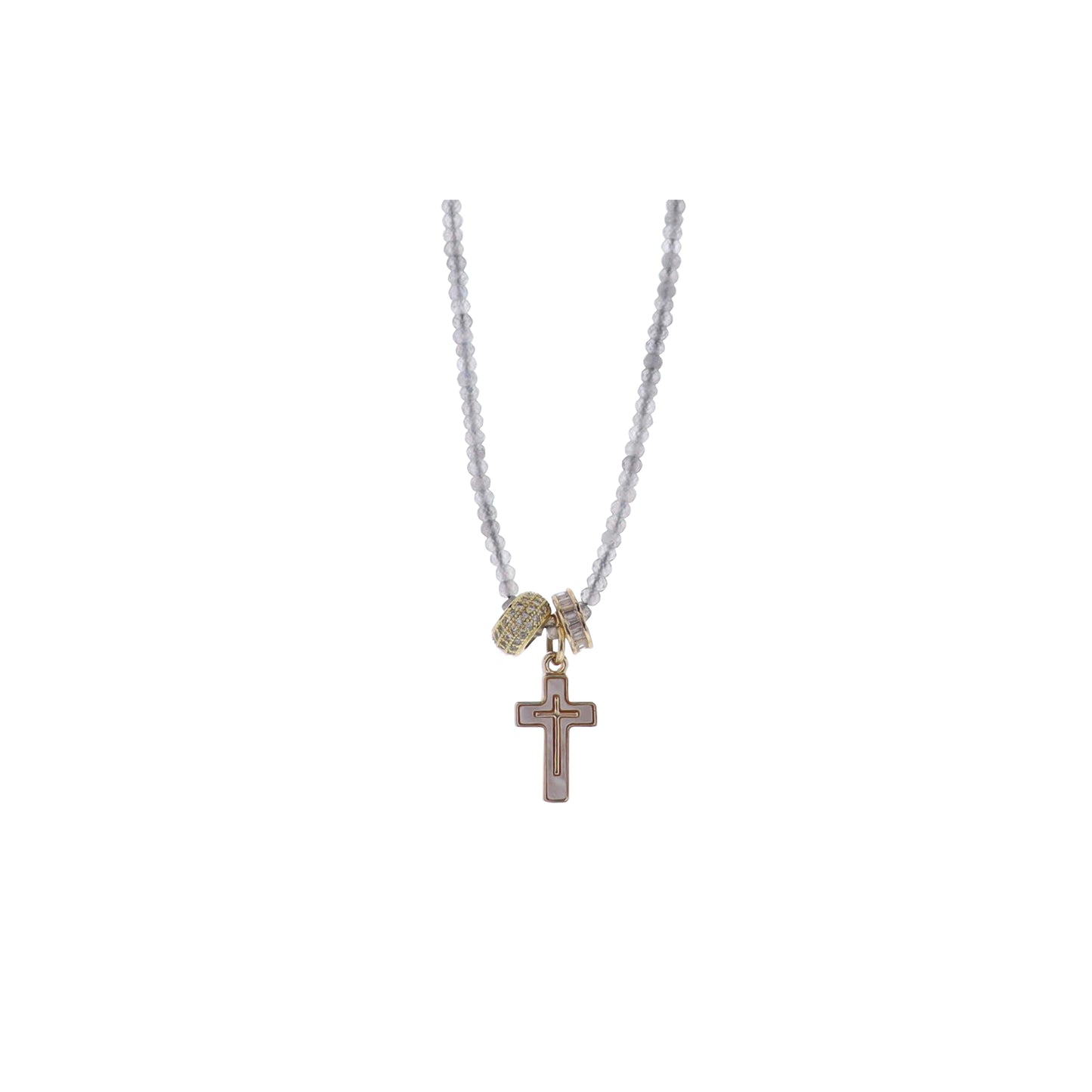 Grey Semi Precious Beaded Necklace with 3 Charms, Cross & Crystal Roundels