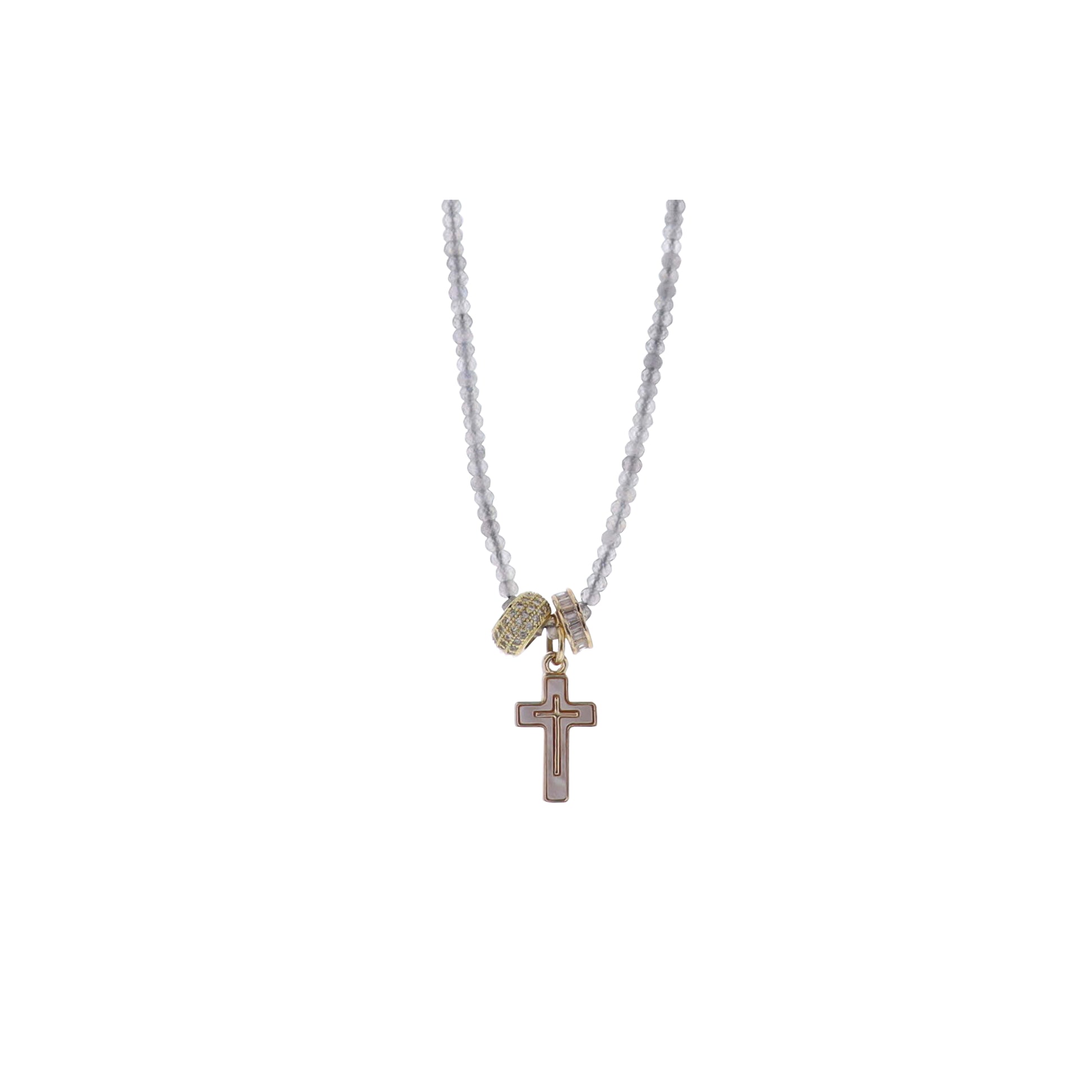Grey Semi Precious Beaded Necklace with 3 Charms, Cross & Crystal Roundels