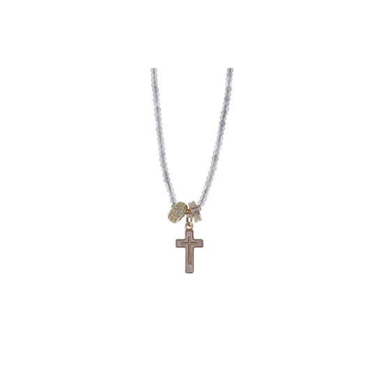 Grey Semi Precious Beaded Necklace with 3 Charms, Cross & Crystal Roundels