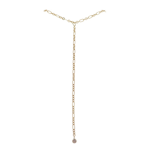 Gold Long and Short Oval Link Chain Necklace, Lariat with 8" Drop with Clear Crystal Circle
