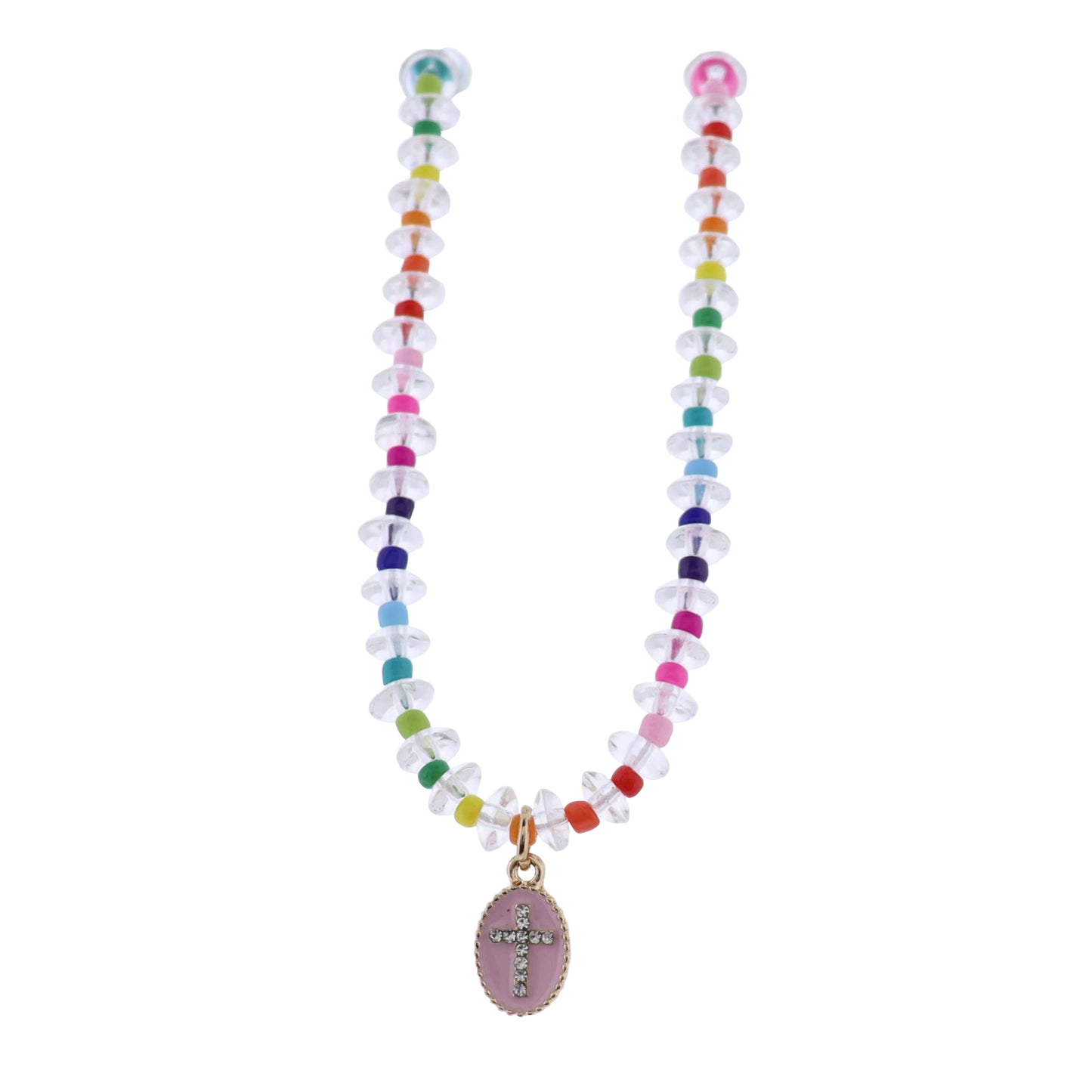 Kids Clear, Multi Beaded Necklace with Pink Enamel Oval with Cross