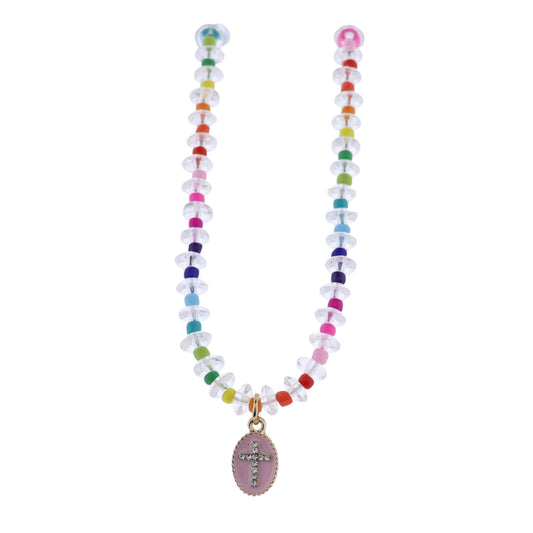 Kids Clear, Multi Beaded Necklace with Pink Enamel Oval with Cross