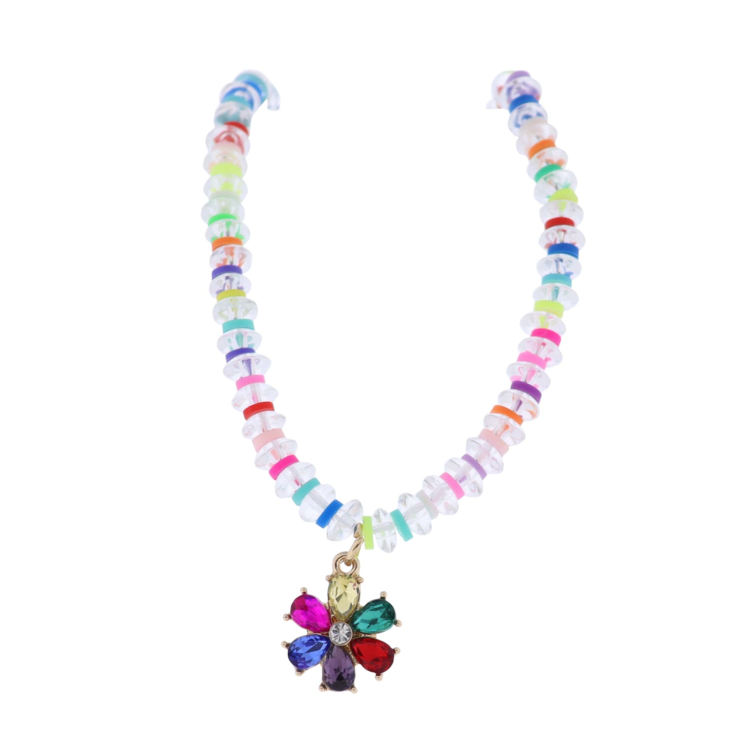 Kids Clear, Multi Beaded Necklace with Multi Crystal Flower