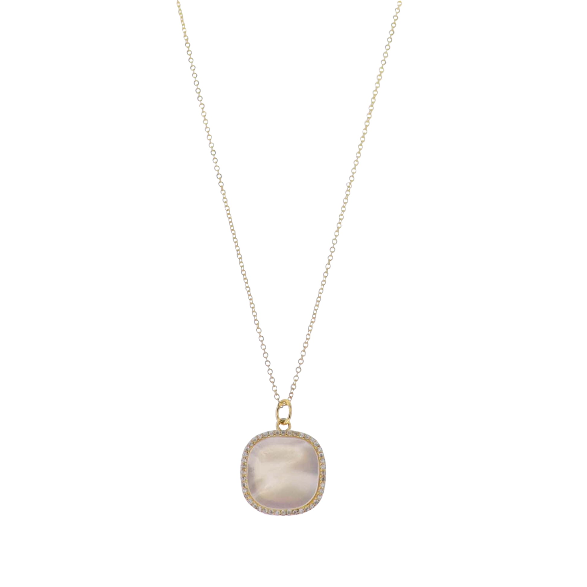 18K Gold Plated Cable Chain Necklace with Shell Rounded Square with Crystal Edges