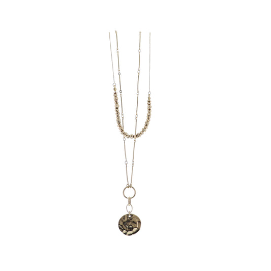 Gold 2 Layer Cable & Bar Chains Necklace with Gold Beads and Gold Hammered Disk