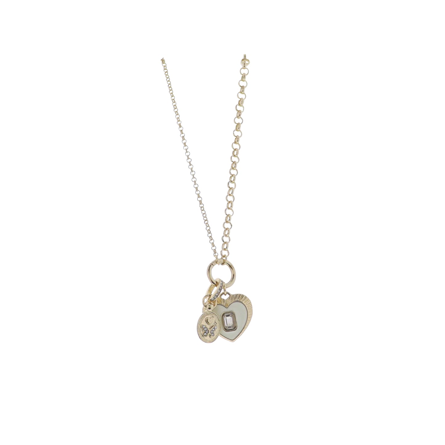 Gold Rolo Chain Necklace with White Enamel Heart with Crystal Center & Oval Butterfly Charm