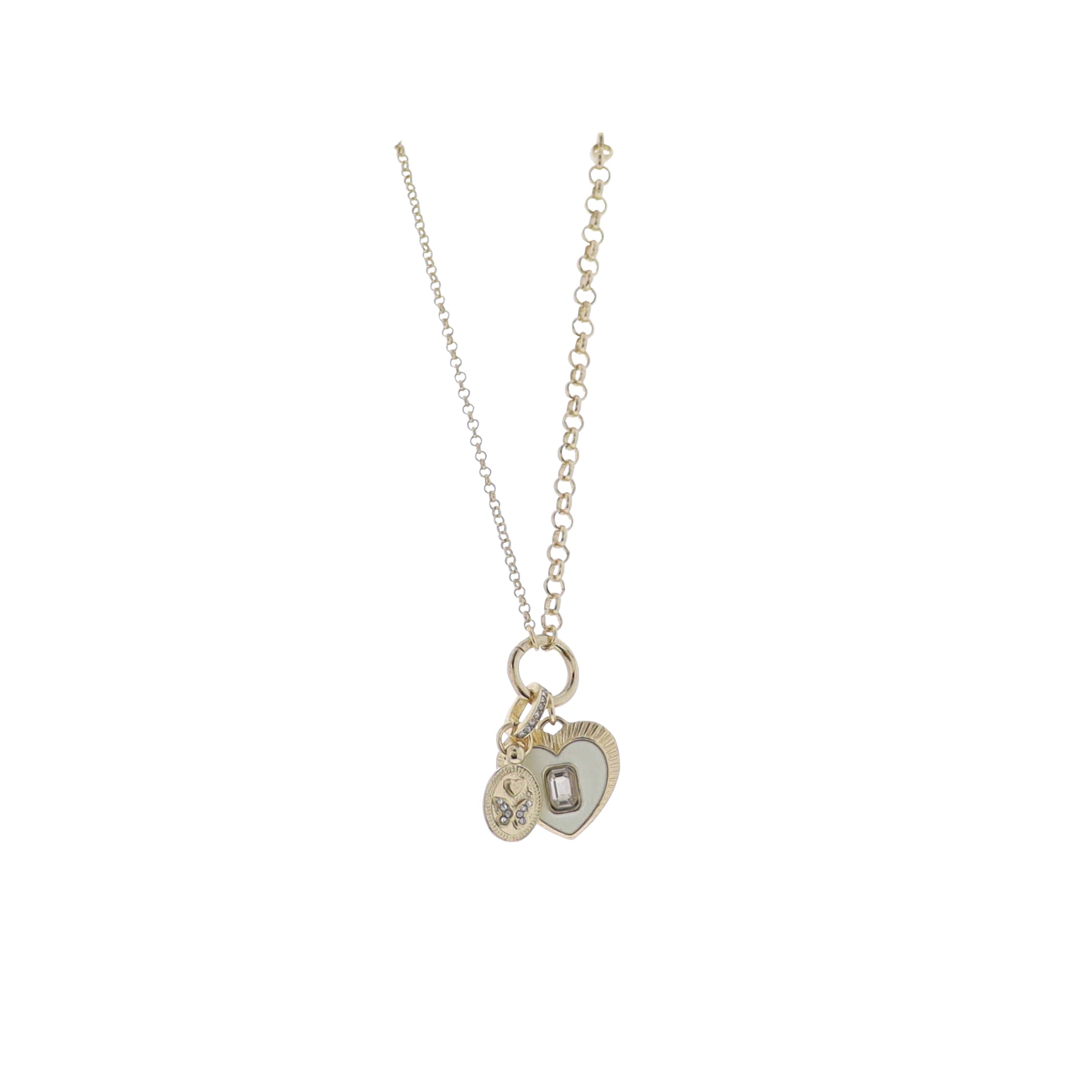 Gold Rolo Chain Necklace with White Enamel Heart with Crystal Center & Oval Butterfly Charm