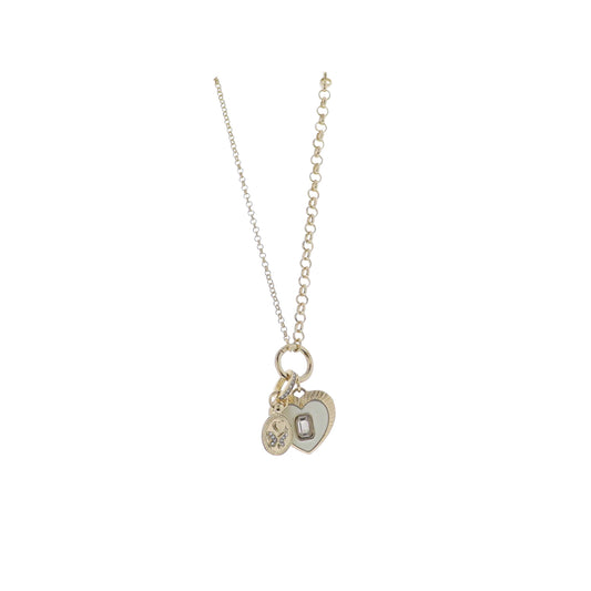 Gold Rolo Chain Necklace with White Enamel Heart with Crystal Center & Oval Butterfly Charm