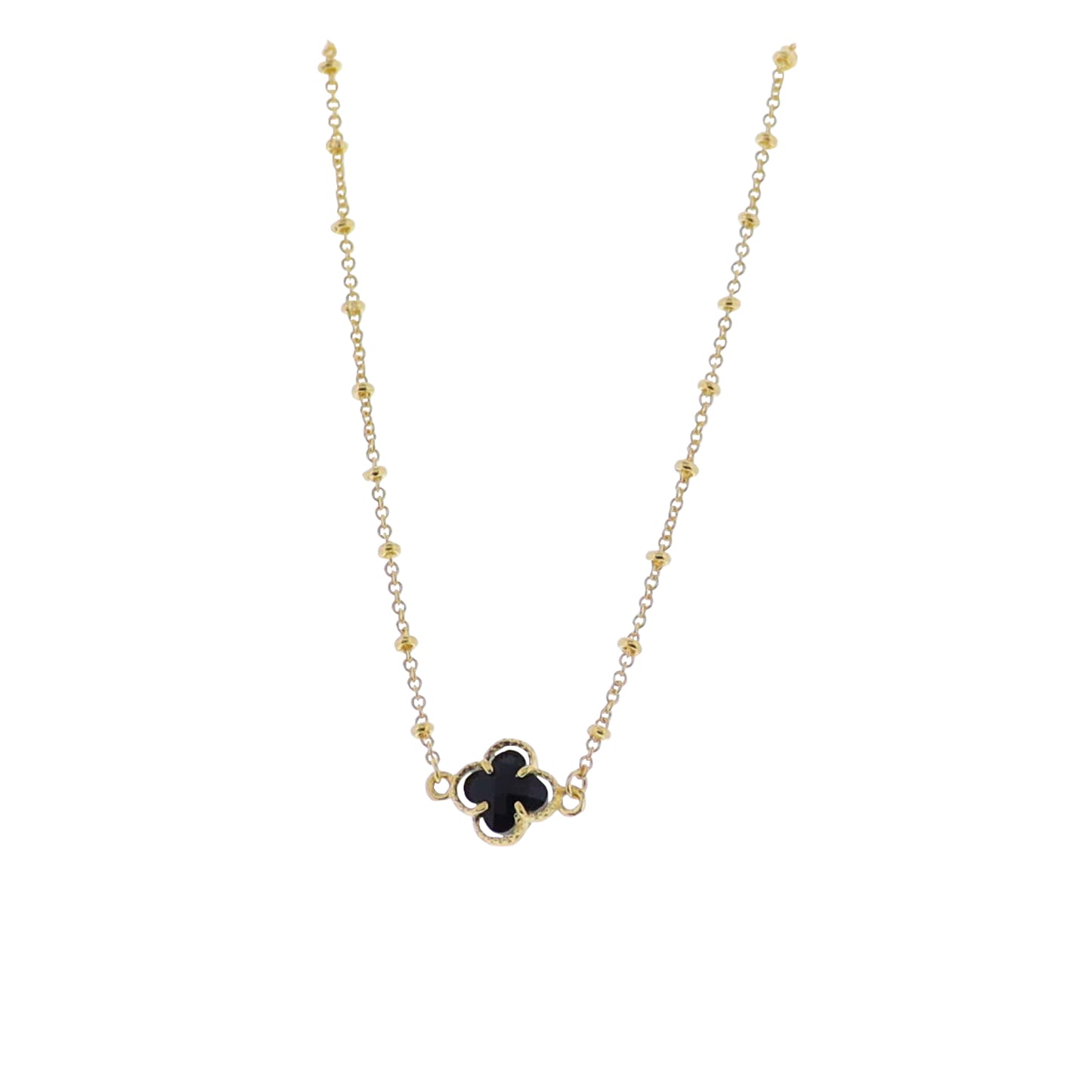 18K Gold Plated Gold Ball Chain Necklace with Jet Crystal Quatrefoil