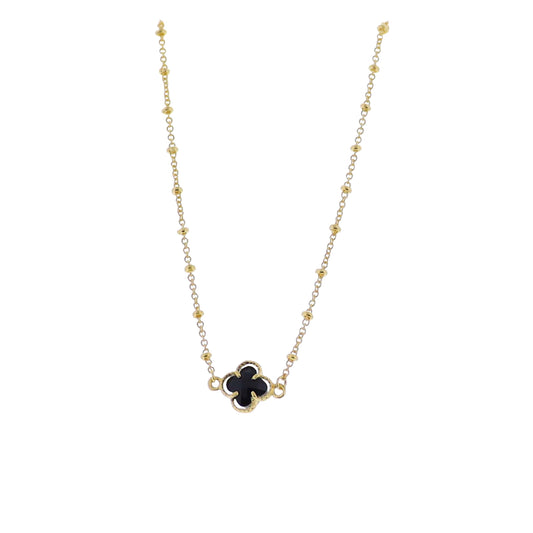 18K Gold Plated Gold Ball Chain Necklace with Jet Crystal Quatrefoil