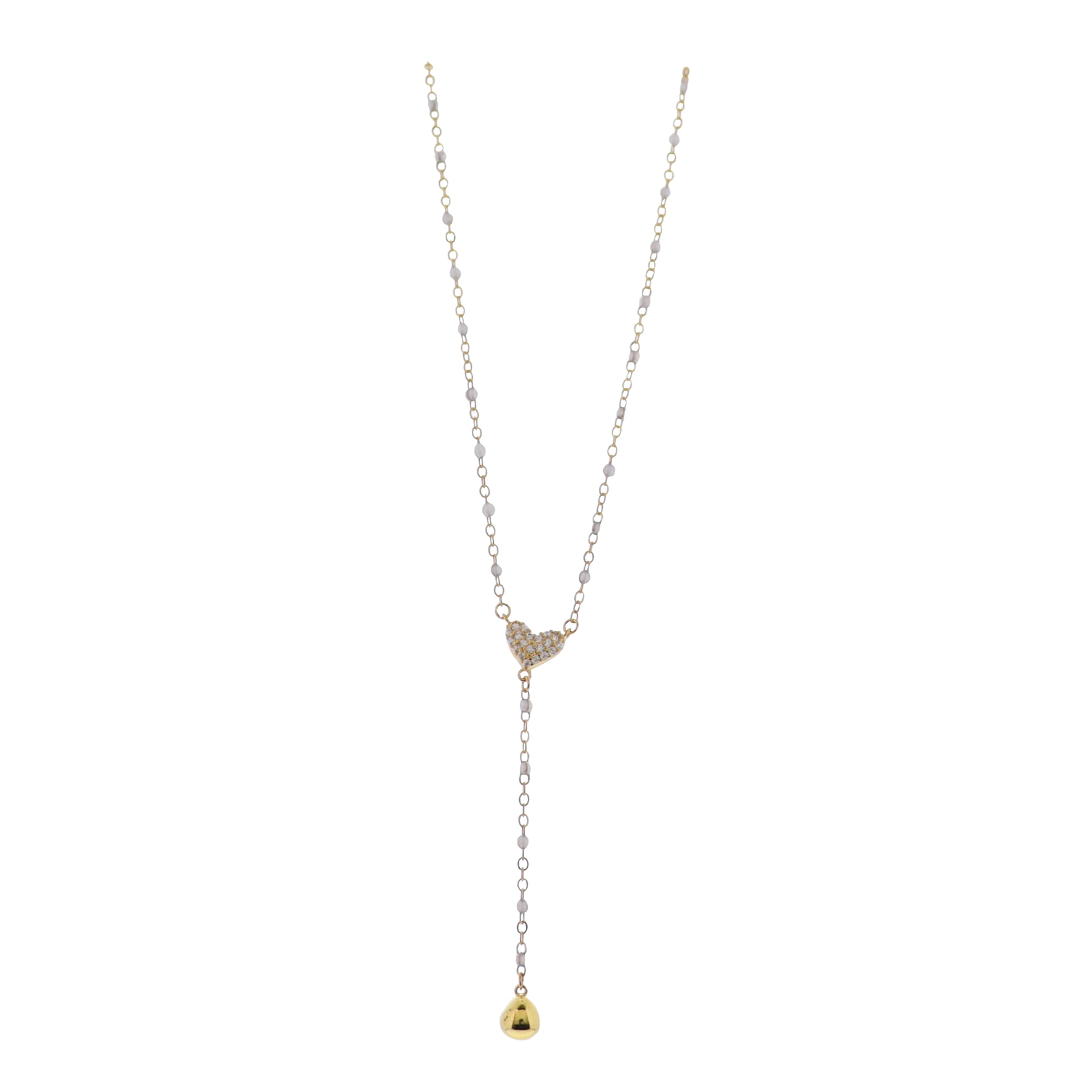 18K Gold Plated Grey, Gold Enamel Chain Lariat Necklace with Clear Crystal Heart & Gold Ball Y Drop
