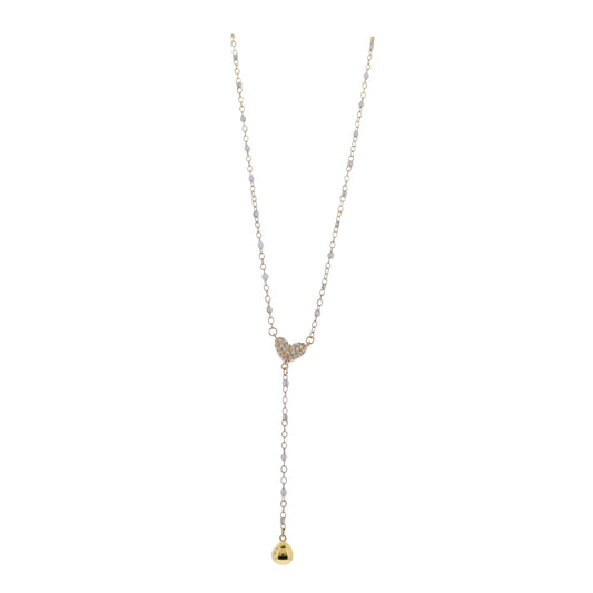 18K Gold Plated Grey, Gold Enamel Chain Lariat Necklace with Clear Crystal Heart & Gold Ball Y Drop