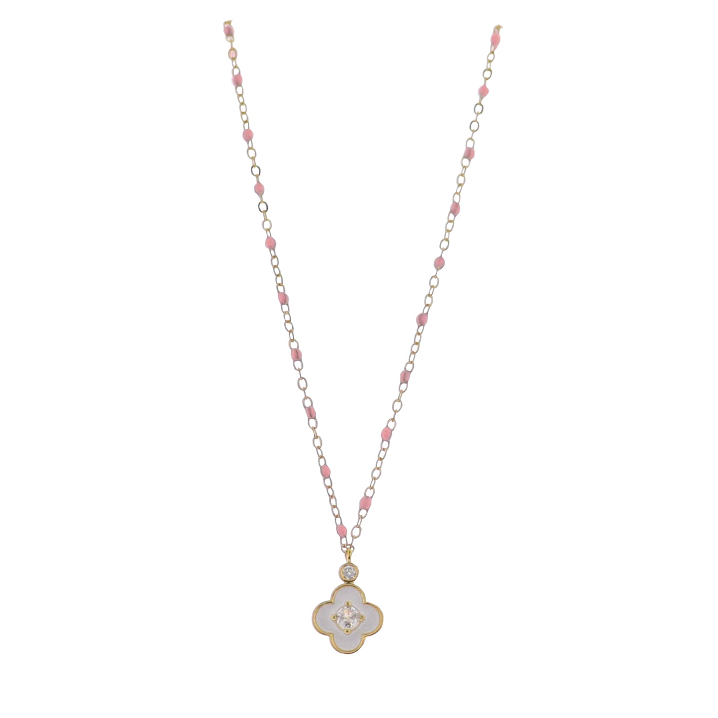 18K Gold Plated Pink, Gold Enamel Chain Necklace with White Enamel Quatrefoil with Crystal Center