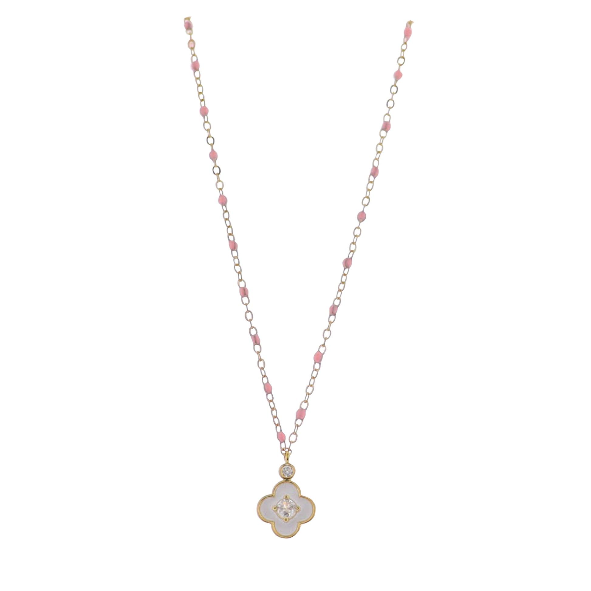 18K Gold Plated Pink, Gold Enamel Chain Necklace with White Enamel Quatrefoil with Crystal Center