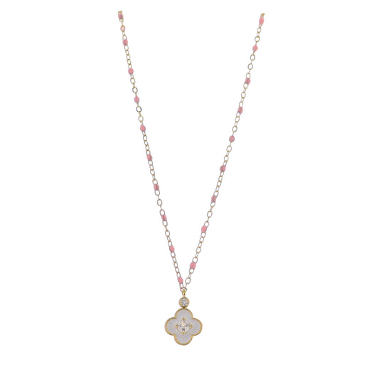 18K Gold Plated Pink, Gold Enamel Chain Necklace with White Enamel Quatrefoil with Crystal Center
