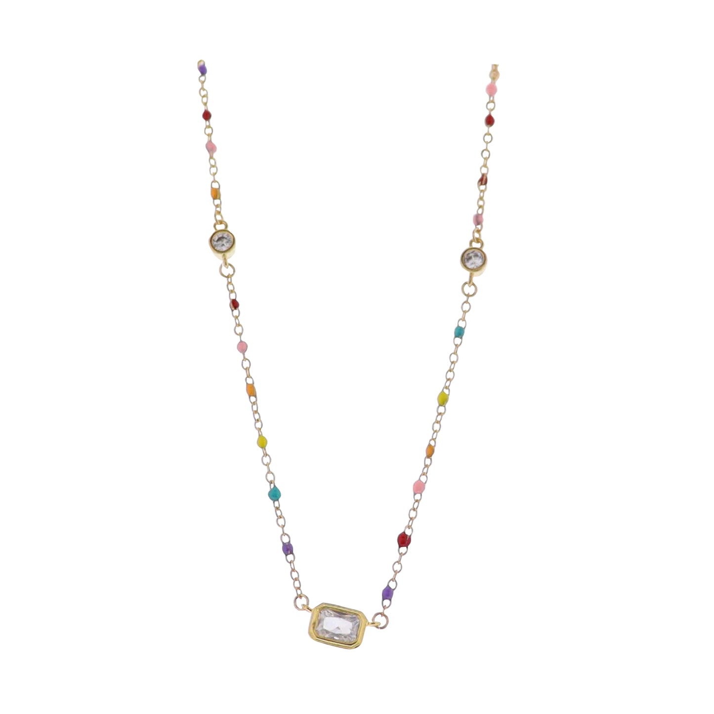 18K Gold Plated Multi, Gold Enamel Chain Necklace with Circle Crystal Stations & Rectangle Crystal