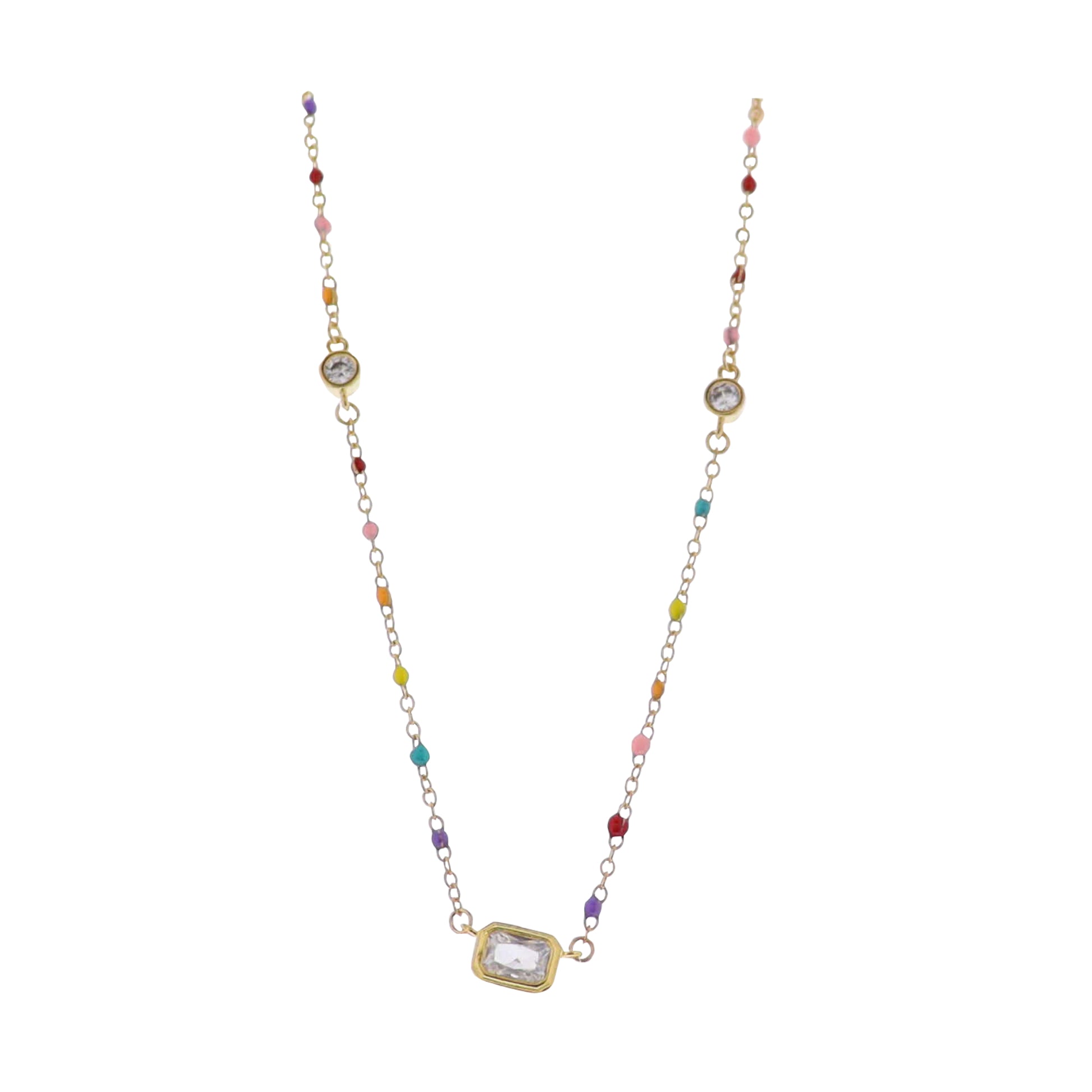18K Gold Plated Multi, Gold Enamel Chain Necklace with Circle Crystal Stations & Rectangle Crystal
