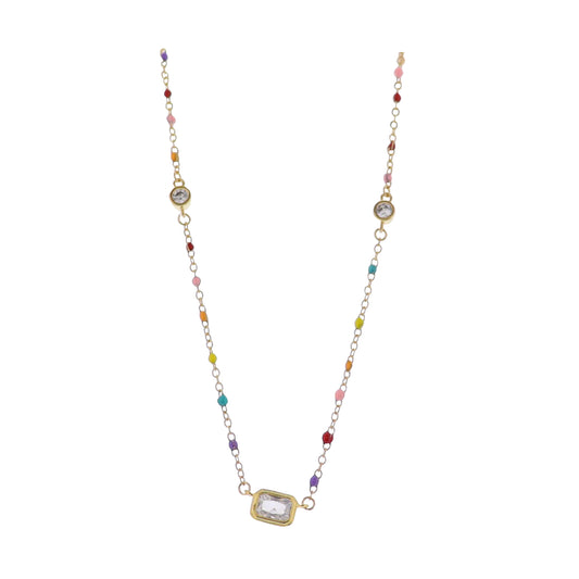 18K Gold Plated Multi, Gold Enamel Chain Necklace with Circle Crystal Stations & Rectangle Crystal