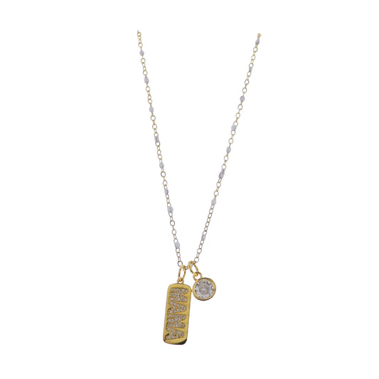 18K Gold Plated White, Gold Chain Necklace with Gold Rectangle with "Mama" & Circle Crystal Charm