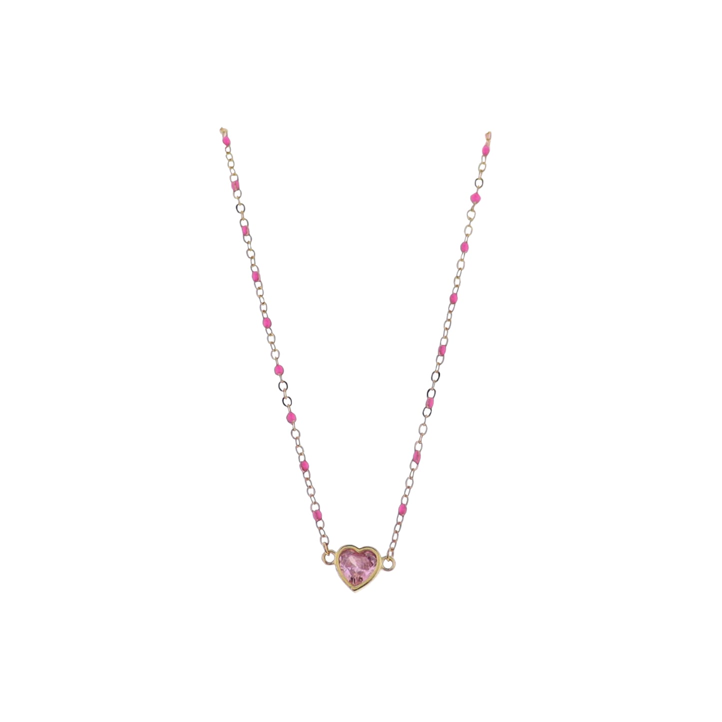 18K Gold Plated Hot Pink, Gold Enamel Chain Necklace with Pink Crystal Heart