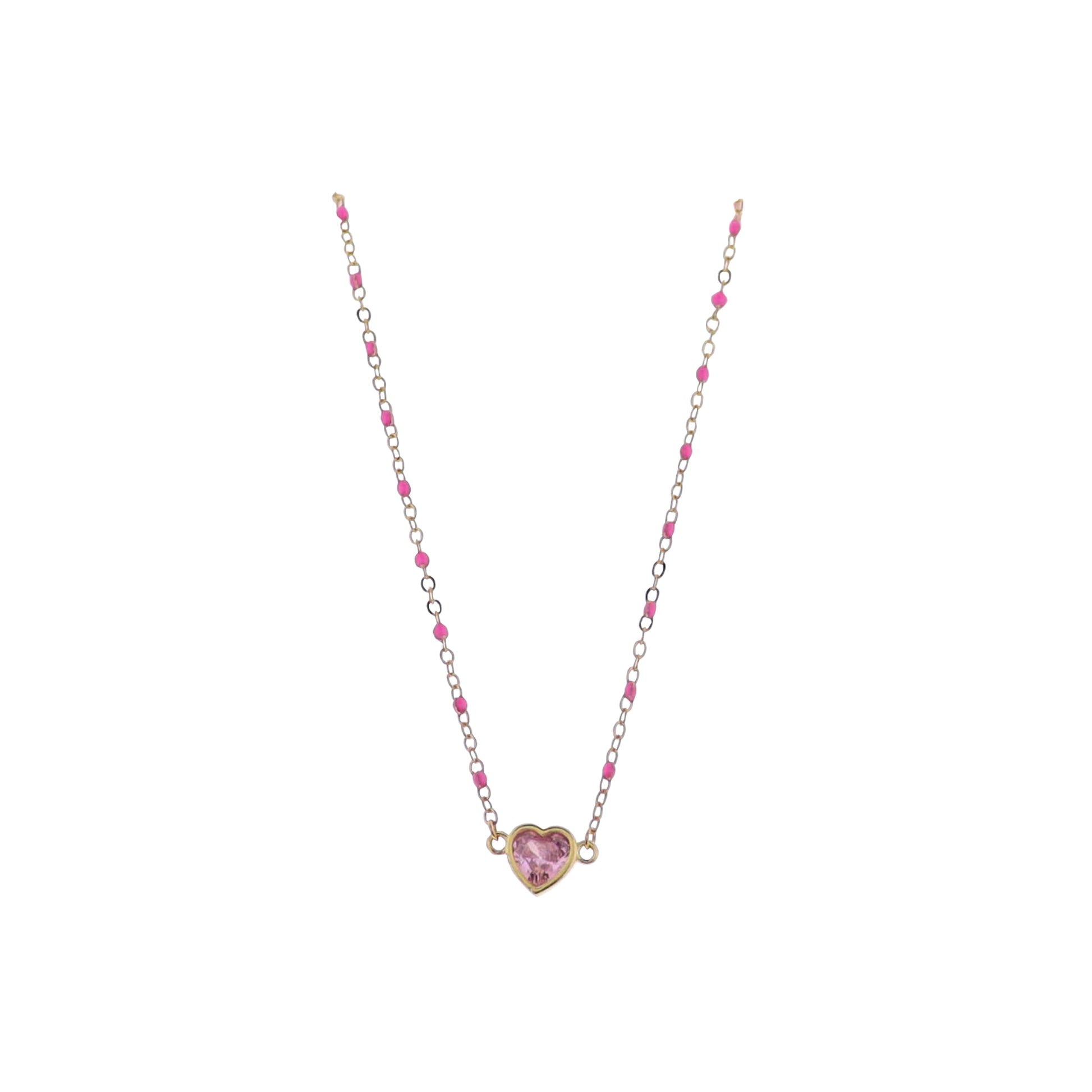 18K Gold Plated Hot Pink, Gold Enamel Chain Necklace with Pink Crystal Heart