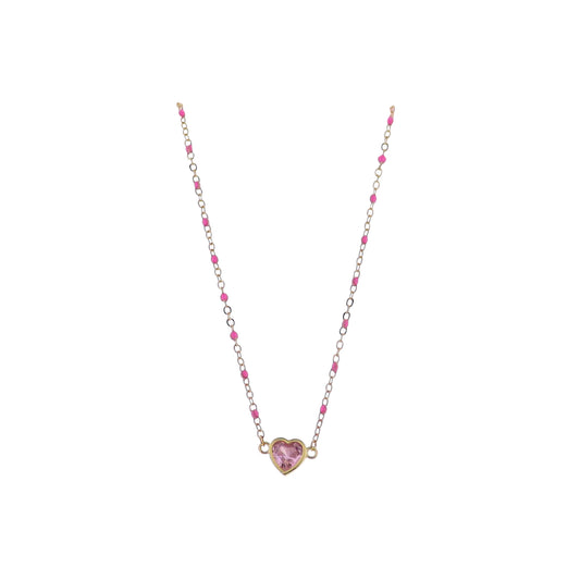 18K Gold Plated Hot Pink, Gold Enamel Chain Necklace with Pink Crystal Heart