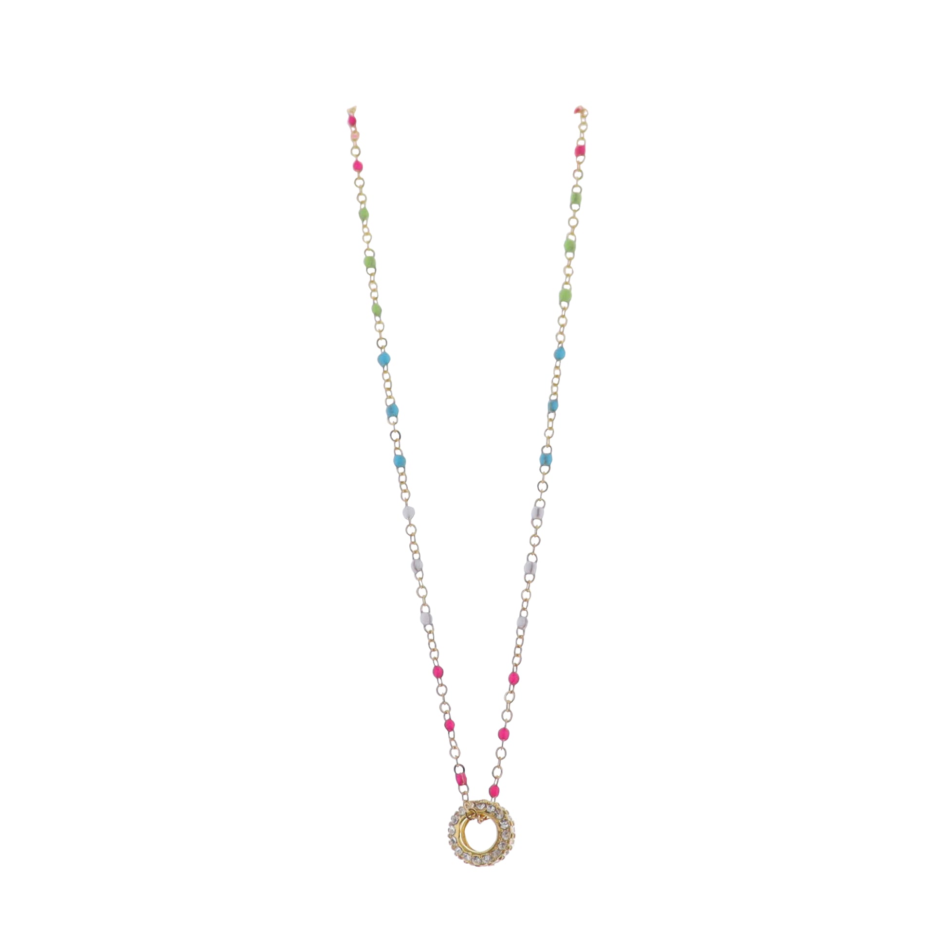 18K Gold Plated Multi Colorblock, Gold Enamel Chain Necklace with Clear Crystal Ring
