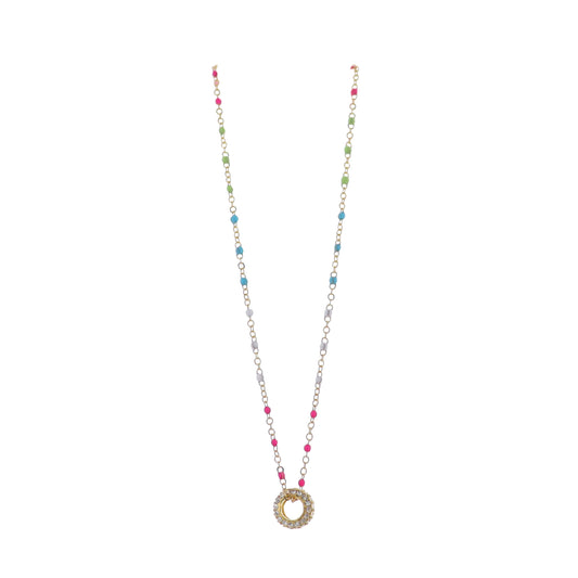 18K Gold Plated Multi Colorblock, Gold Enamel Chain Necklace with Clear Crystal Ring