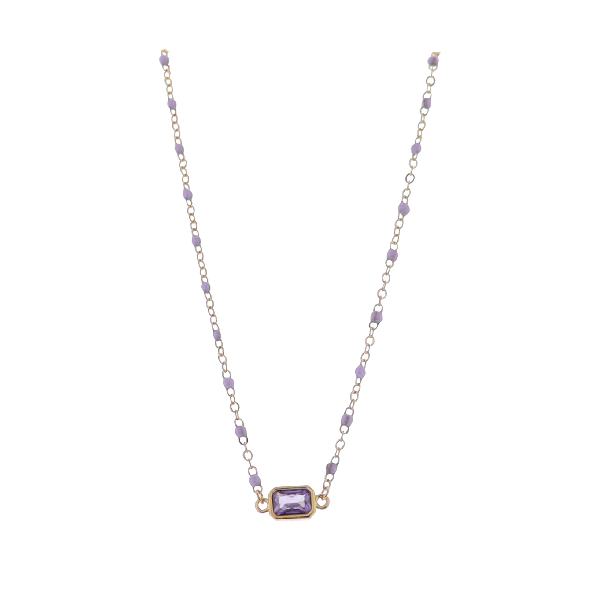 18K Gold Plated Lavender, Gold Enamel Chain Necklace with Purple Rectangle Crystal