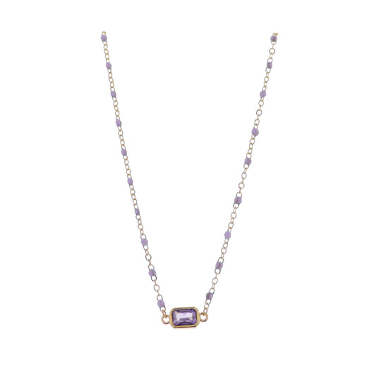 18K Gold Plated Lavender, Gold Enamel Chain Necklace with Purple Rectangle Crystal