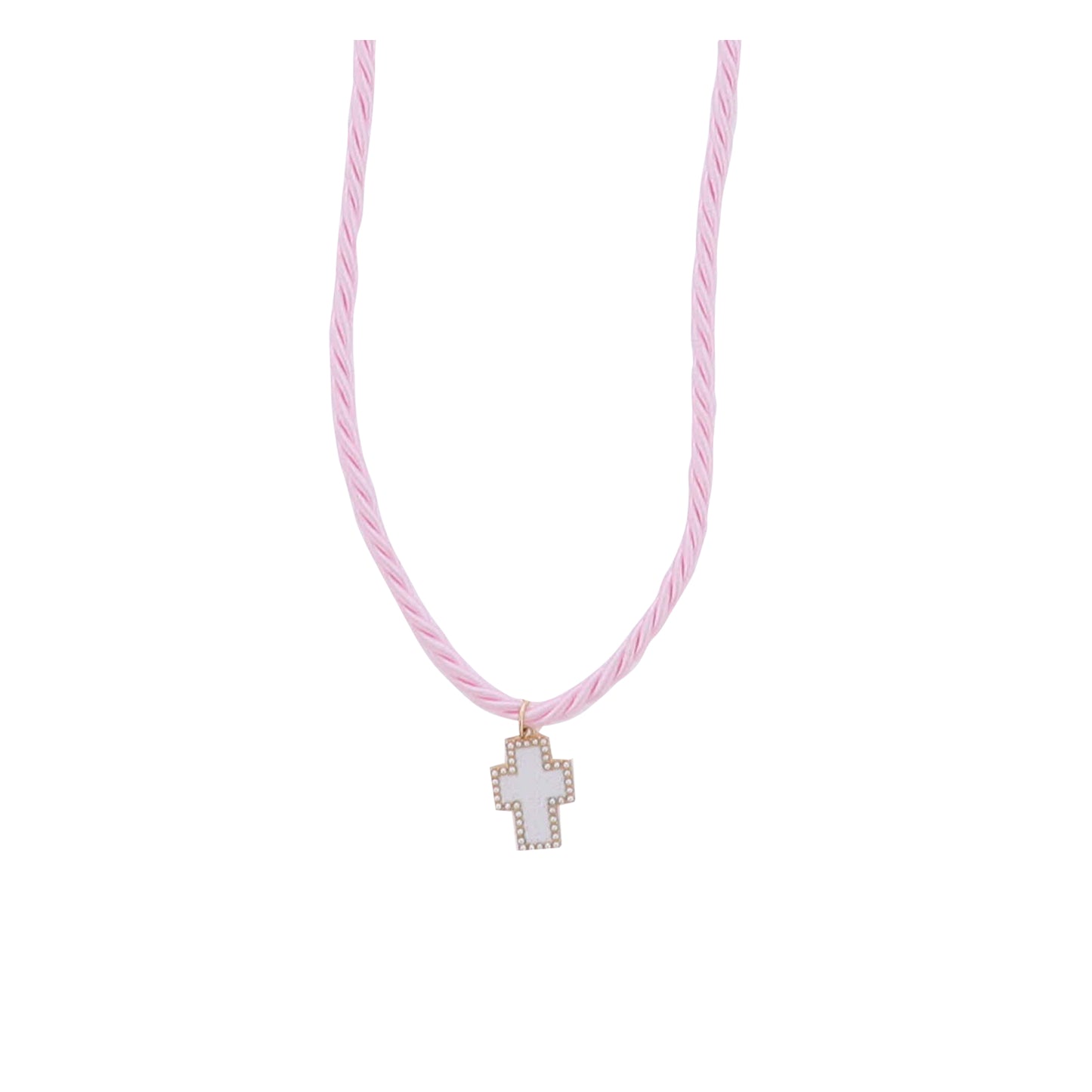 Kids Light Pink Cord Necklace with White Enamel Cross