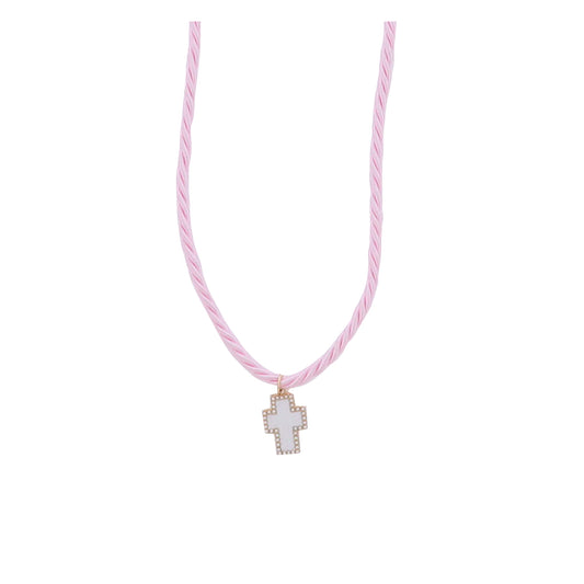 Kids Light Pink Cord Necklace with White Enamel Cross