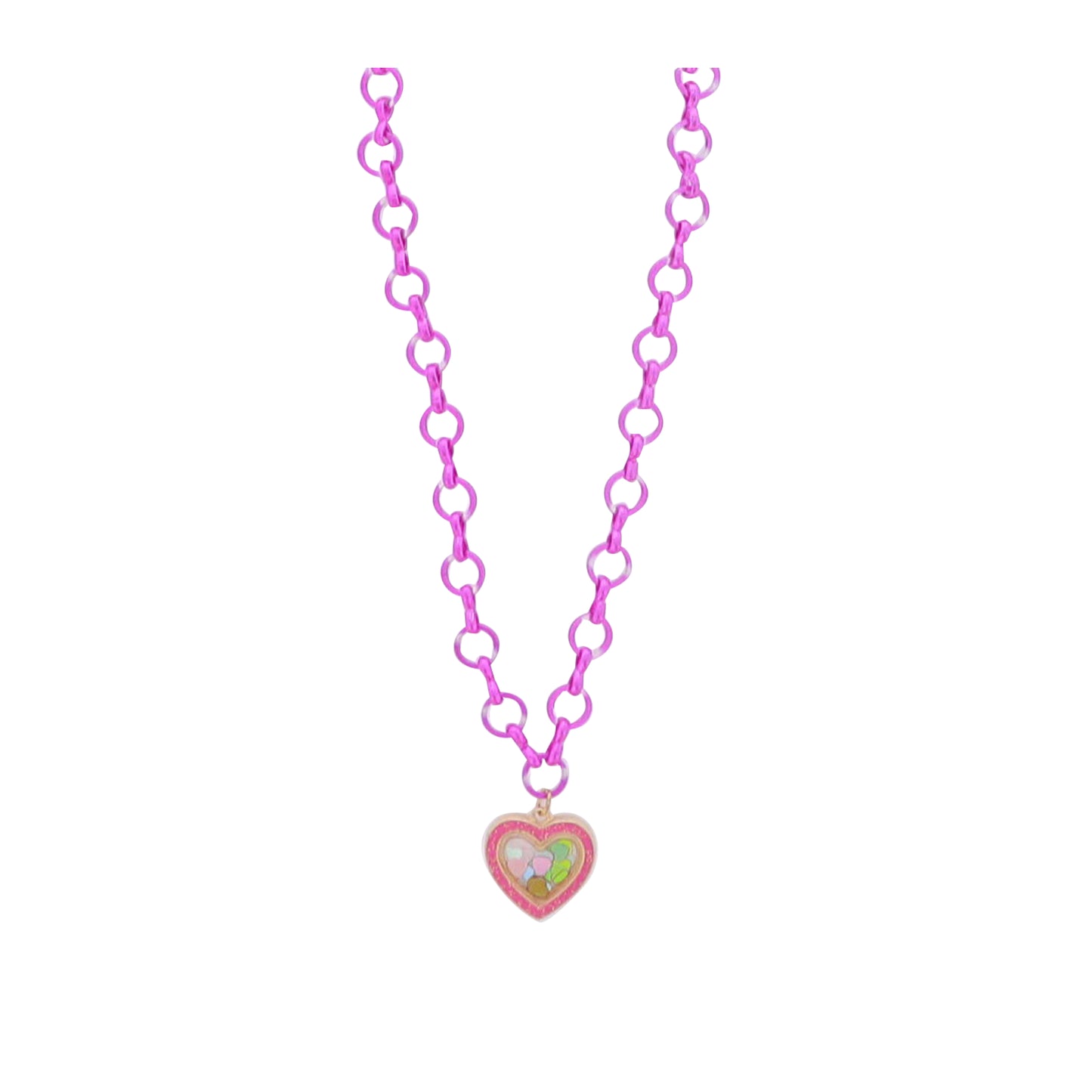 Kids Hot Pink Chain Necklace with Pink Encased Heart with Heart Confetti Inside