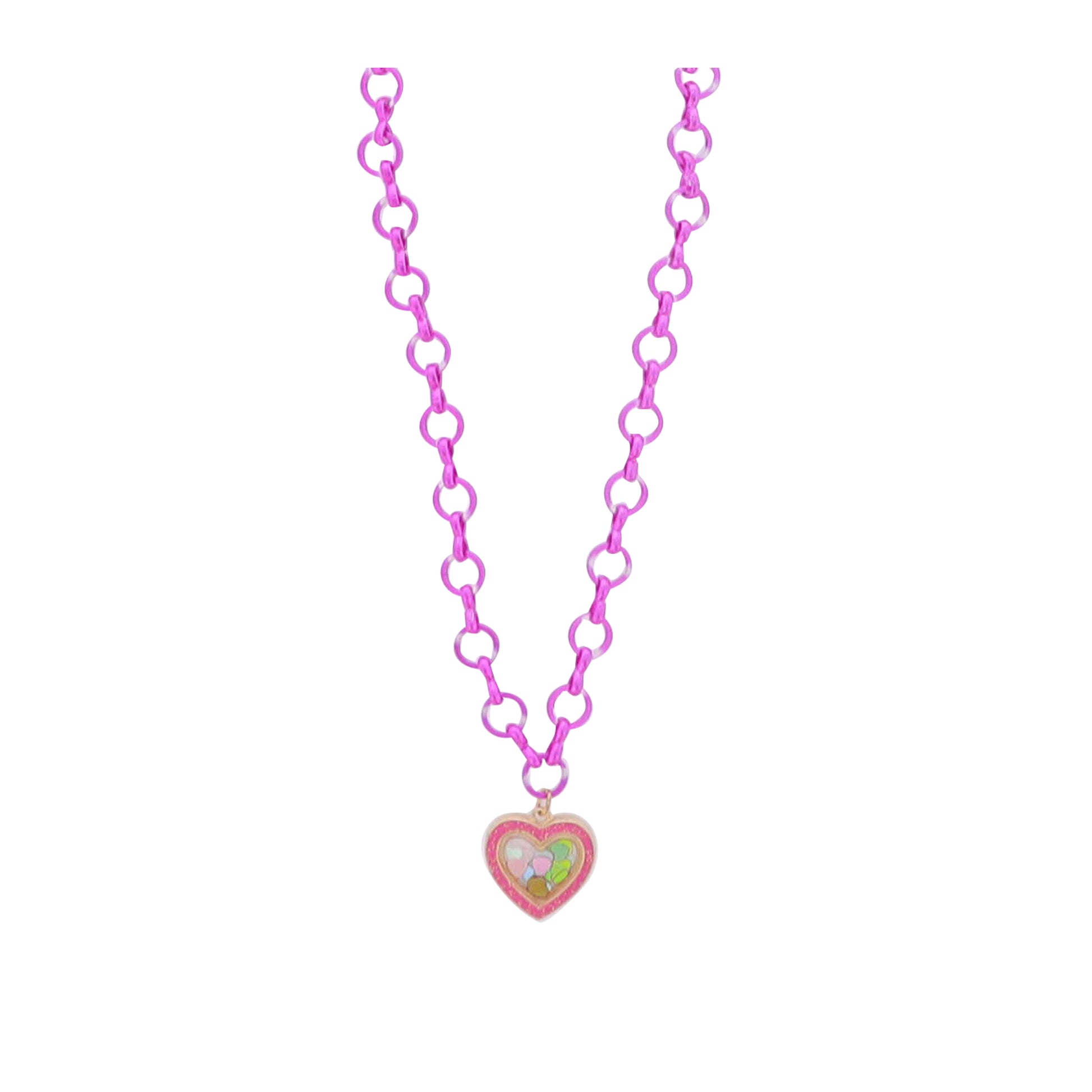 Kids Hot Pink Chain Necklace with Pink Encased Heart with Heart Confetti Inside
