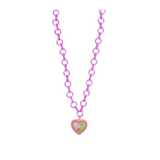 Kids Hot Pink Chain Necklace with Pink Encased Heart with Heart Confetti Inside