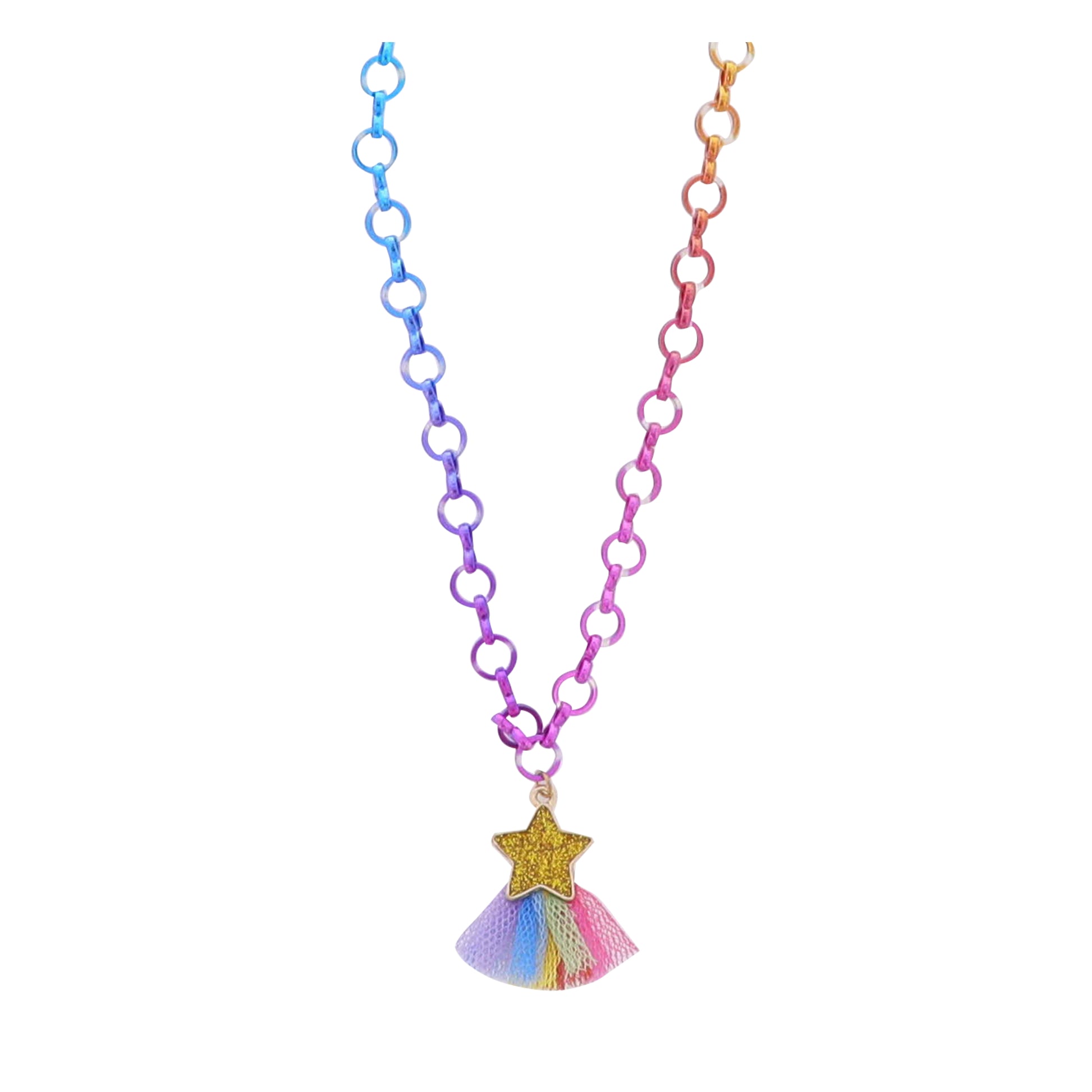 Kids Multi Chain Necklace with Gold, Multi Star with Multi Fabric Fringe