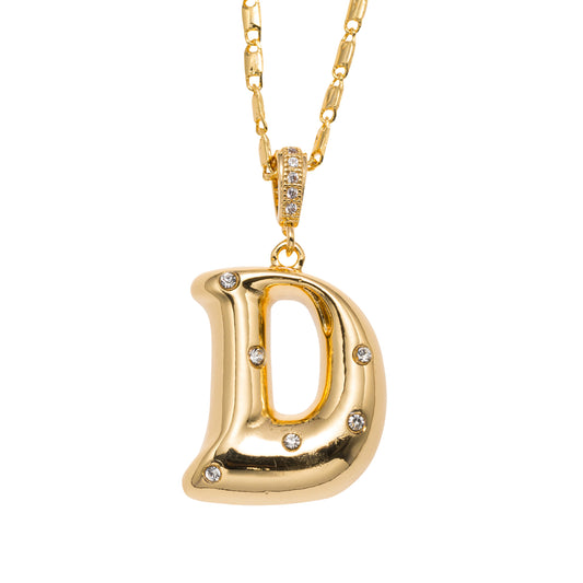 18K Gold Plated Wheat Chain Necklace with Embedded Crystal Initial "D"