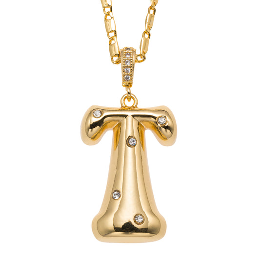 18K Gold Plated Wheat Chain Necklace with Embedded Crystal Initial "T"