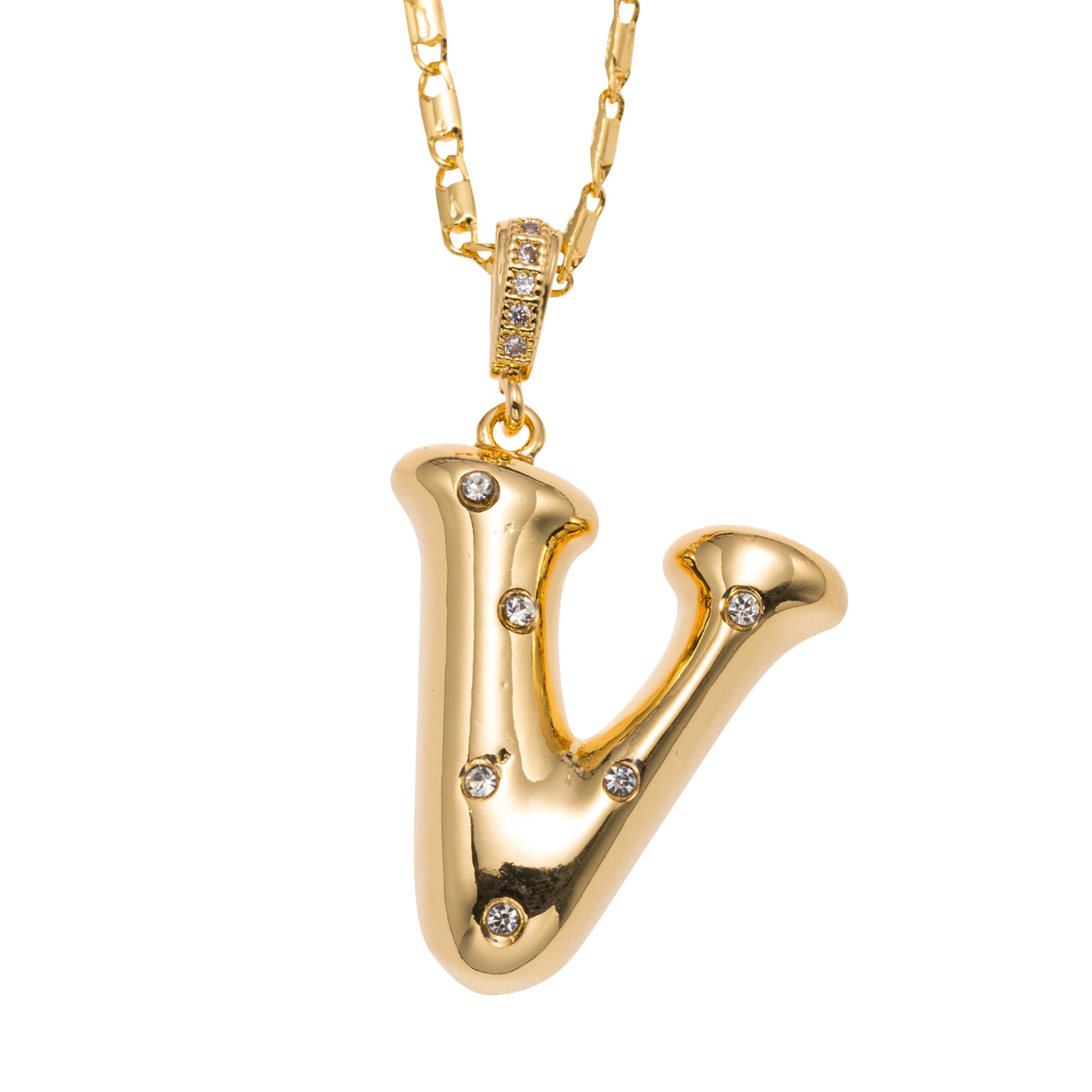 18K Gold Plated Wheat Chain Necklace with Embedded Crystal Initial "V"