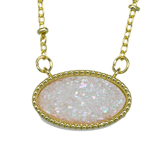 Kids 18K Gold Plated Necklace with AB White Oval Druzy