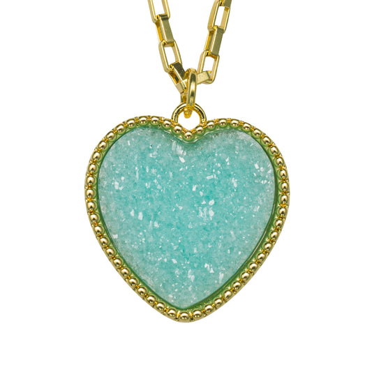 Kids 18K Gold Plated Necklace with Teal Heart Druzy
