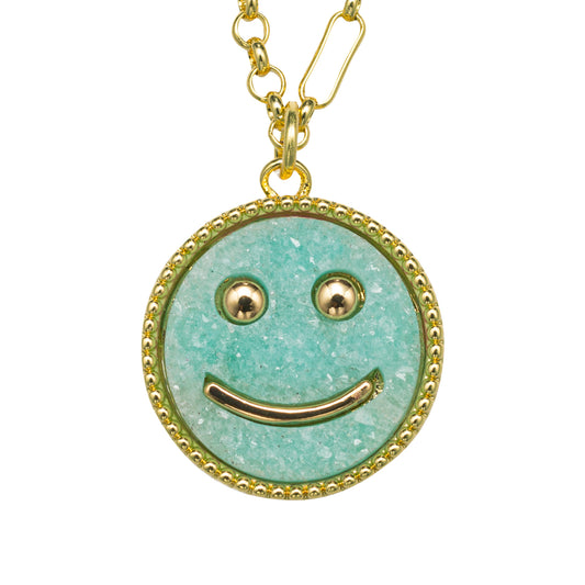 Kids 18K Gold Plated Necklace with Teal Happy Face Druzy
