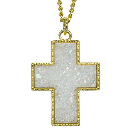 Kids 18K Gold Plated Necklace with AB White Cross Druzy