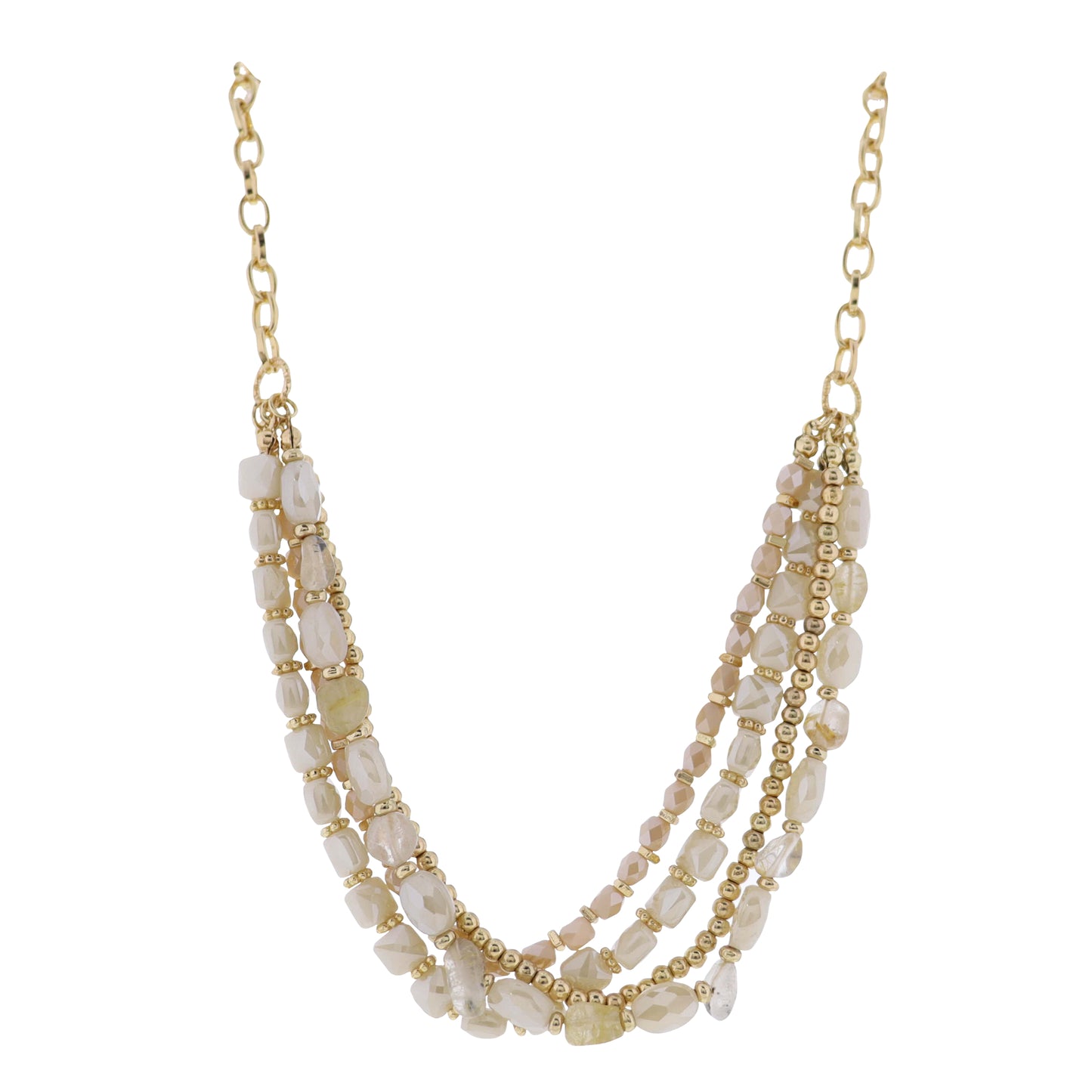 Mossy, Gold Stone Beaded Necklace with Clear, Gold Charm Accents