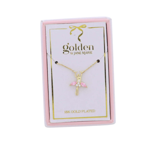 Kids 18K Gold Plated Necklace with Gold, Pink Crystal Ballerina