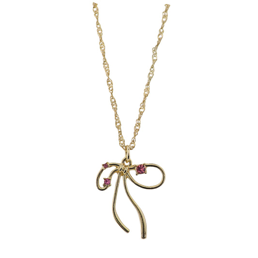18K Gold Plated Chain Necklace with Gold Bow with Pink Crystals