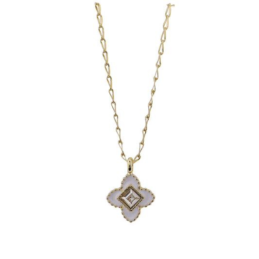 18K Gold Plated Chain Necklace with White Enamel Quatrefoil with Crystal